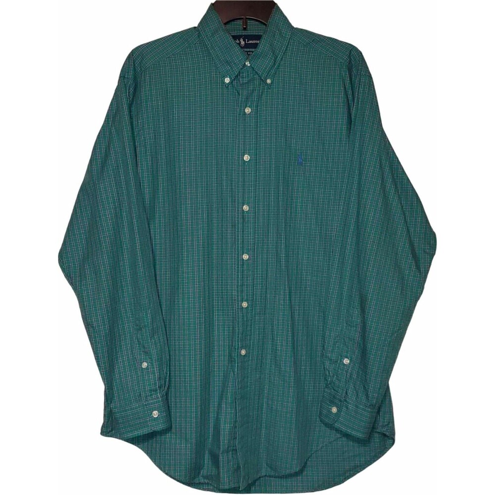 RALPH LAUREN Classic Green, Red / Blue Plaid Dress Shirt Medium Long Slv Button